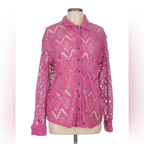 Free People Pink Beaded Lace Button-Down Shirt – Size L – EUC - Picture 2 of 7